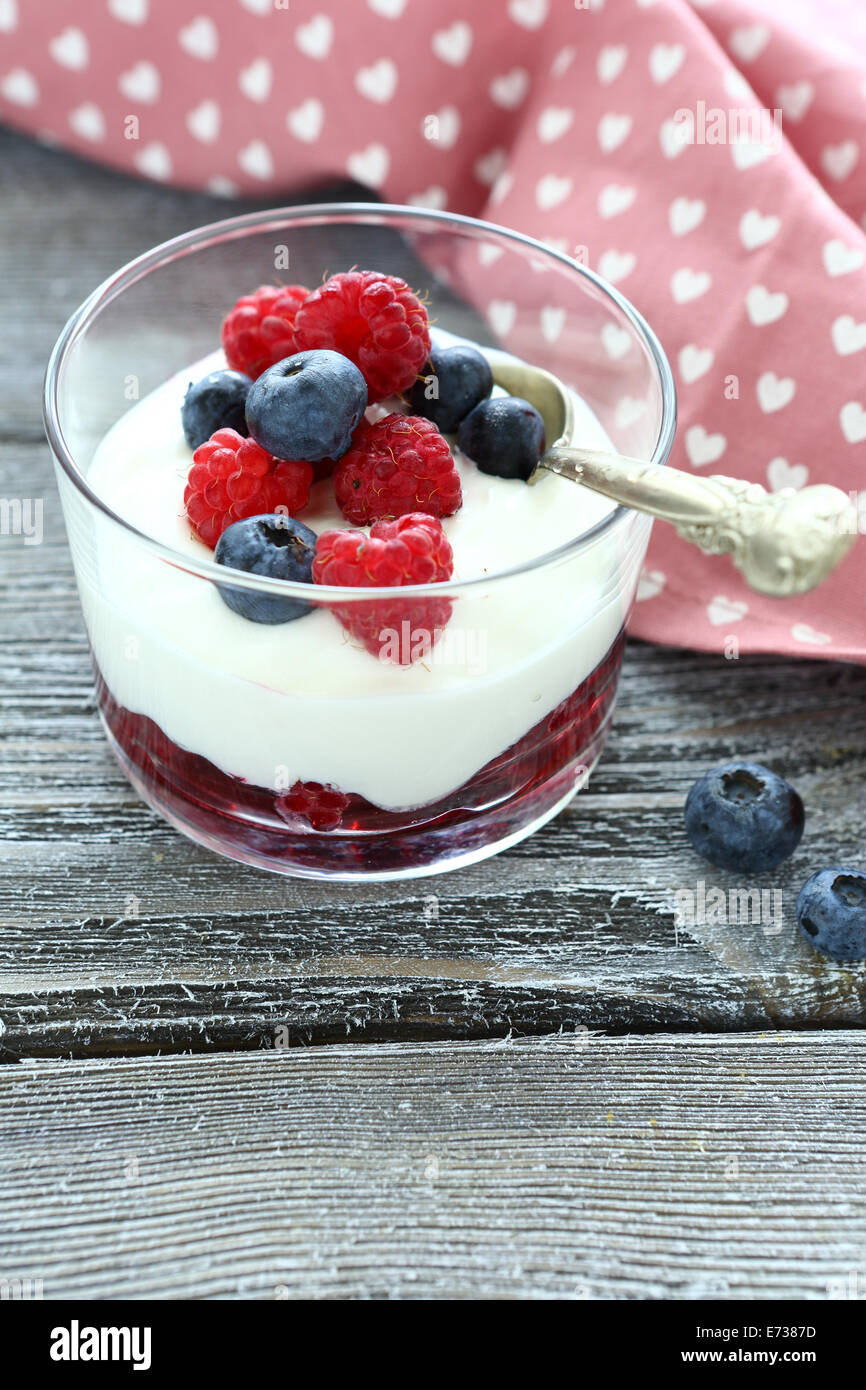 berry yogurt with raspberries, food closeup Stock Photo