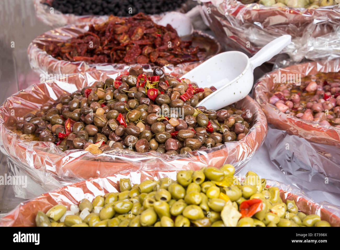 Marinated Olives in a street market in Italy Stock Photo Alamy