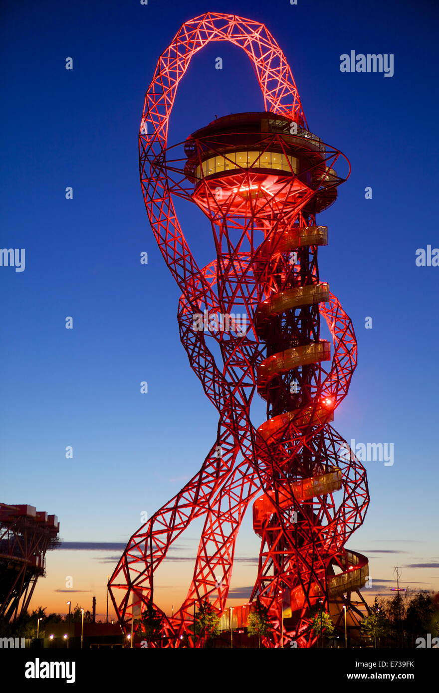 Orbit tower at twilight by Arcelor Mittal in the 2012 London Olympic Park, Stratford, London, England, United Kingdom, Europe Stock Photo