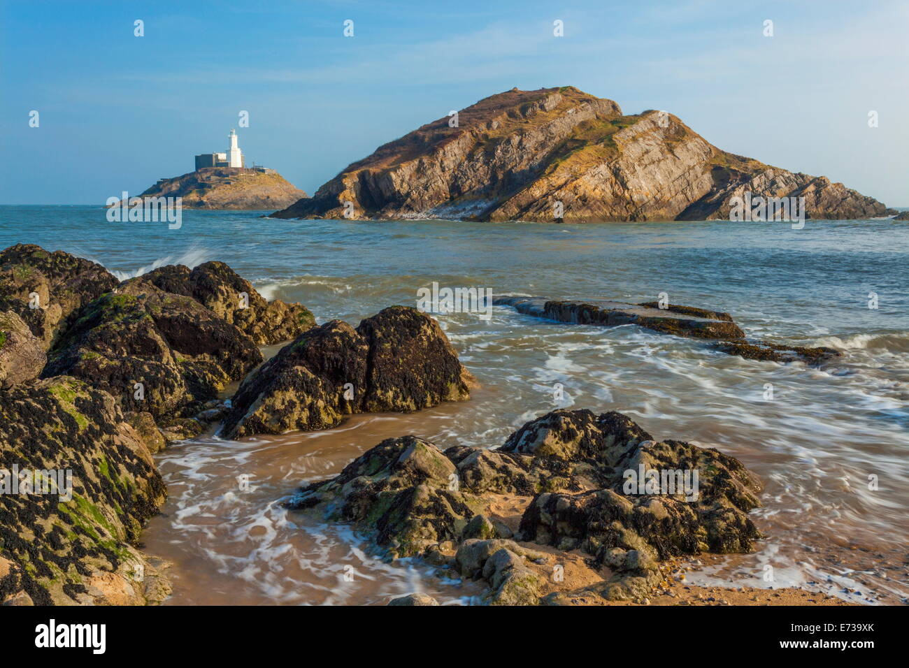 Mumbles Lighthouse, Bracelet Bay, Gower, Swansea, Wales, United Kingdom, Europe Stock Photo