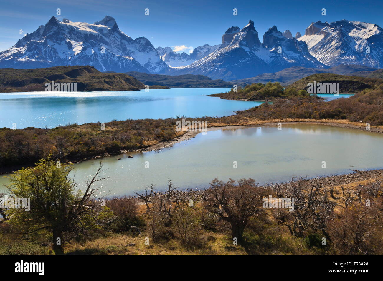 Lago Pehoe and Cordillera del Paine in late afternoon, Torres del Paine National Park, Patagonia, Chile, South America Stock Photo