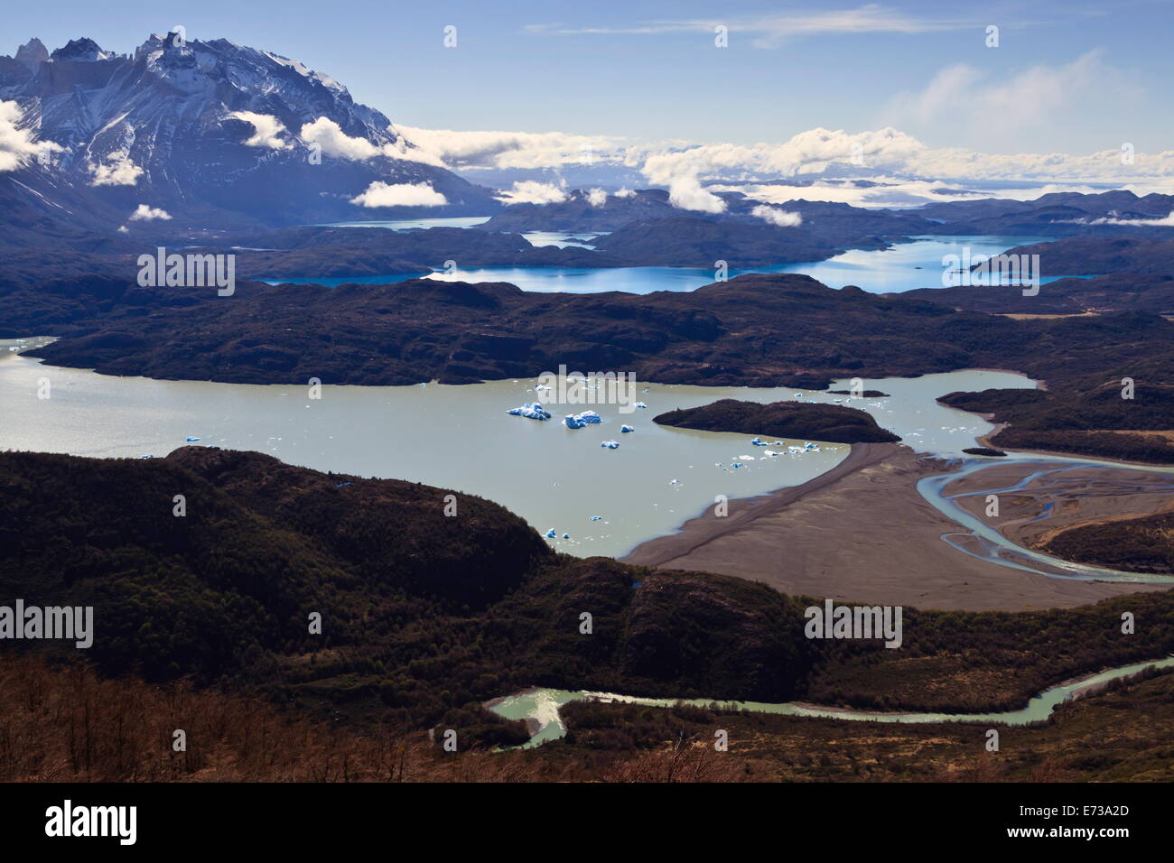 View of lakes Grey, Pehoe, Nordenskjold and Sarmiento, from Ferrier Vista Point, Torres del Paine, Patagonia, Chile Stock Photo