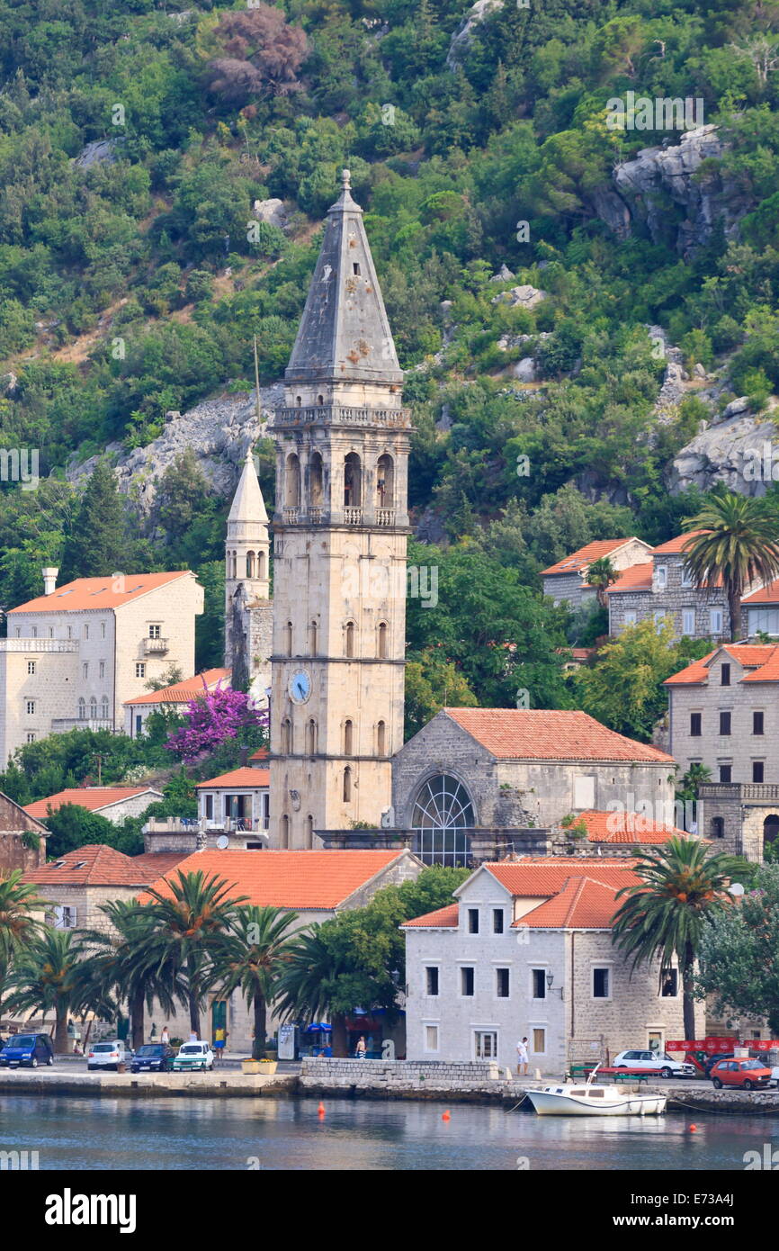 Churches of Our Lady of the Rosary and St. Nicholas, early morning, Perast, Bay of Kotor, UNESCO Site, Montenegro Stock Photo