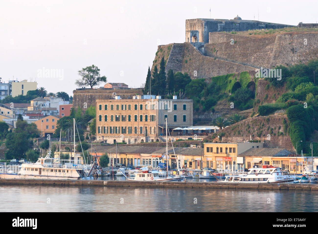 Summer dawn, Corfu Town  fortifications and harbour from the sea, UNESCO Site, Corfu, Ionian Islands, Greek Islands, Greece Stock Photo