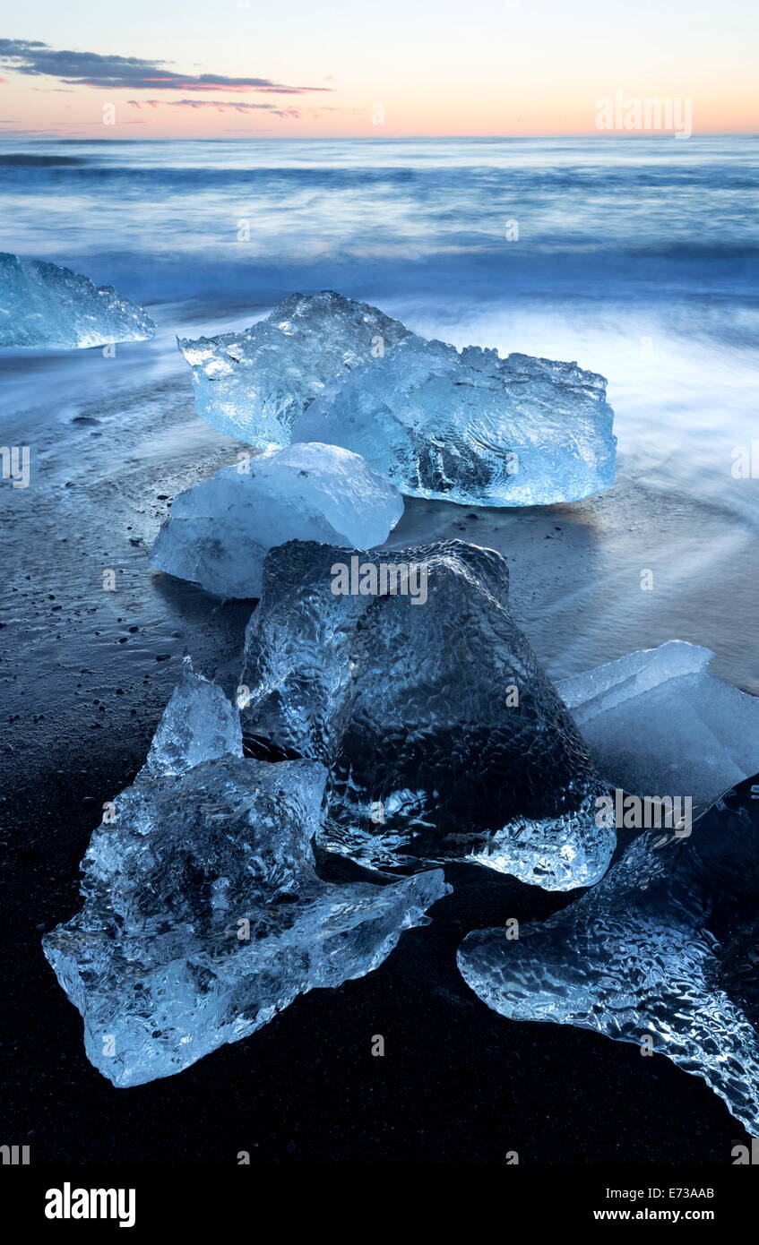 Jokulsa Beach at sunrise, on the edge of the Vatnajokull National Park, South Iceland, Iceland, Polar Regions Stock Photo