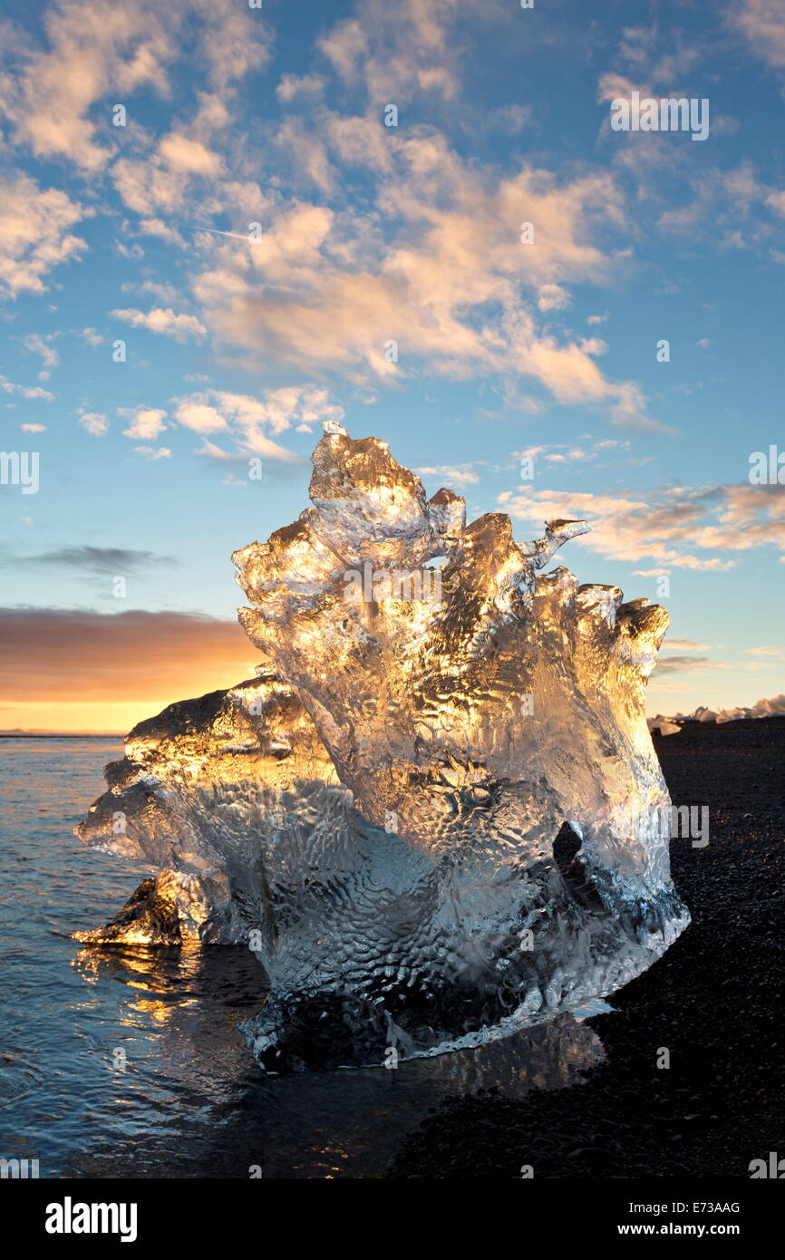 Icebergs at sunset on Jokulsa Beach, on the edge of the Vatnajokull National Park, South Iceland, Iceland, Polar Regions Stock Photo