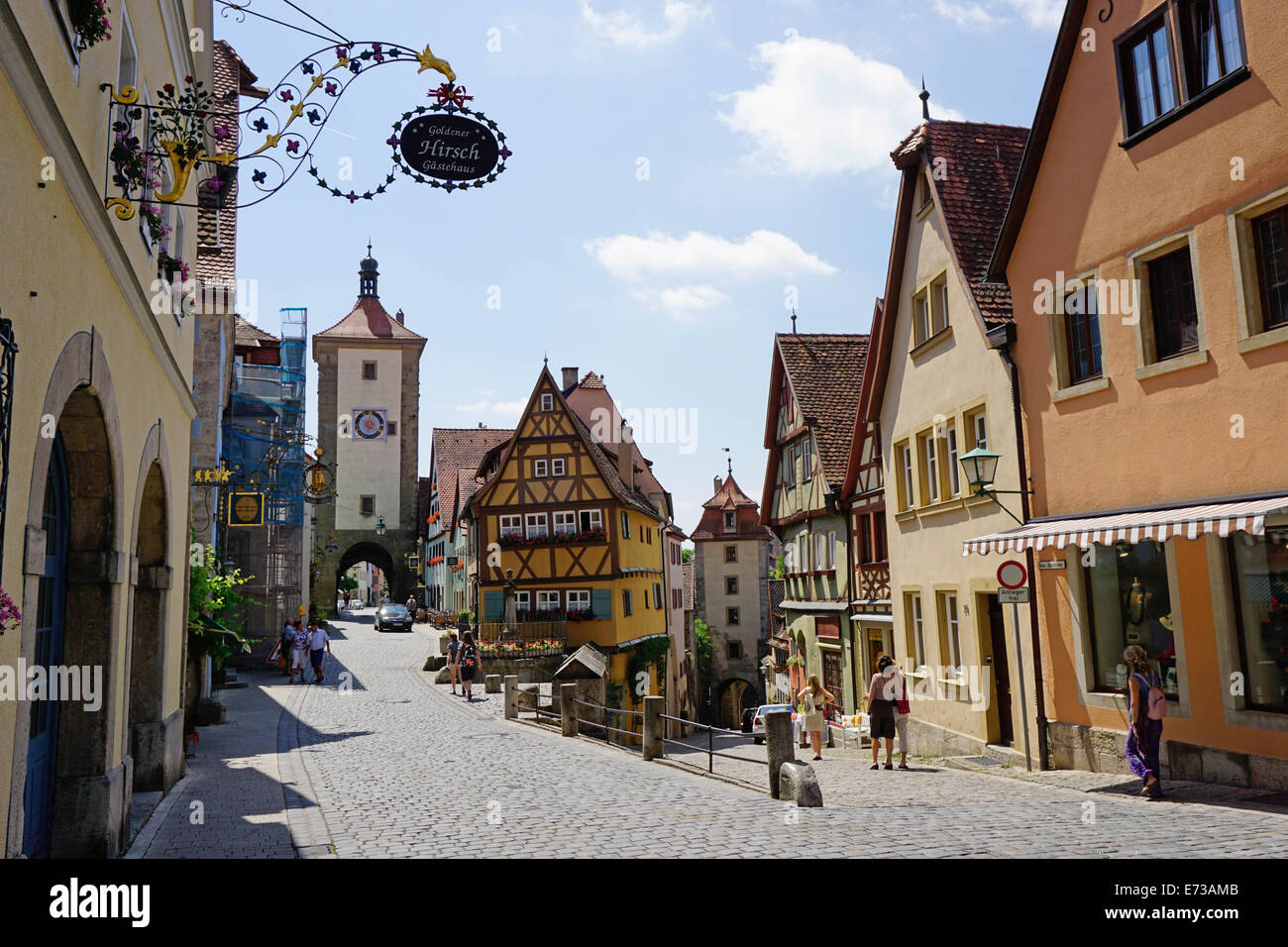View of Siebers Tower on left and the Kobokzell gate on right, Rothenburg ob der Tauber, Romantic Road, Bavaria, Germany Stock Photo