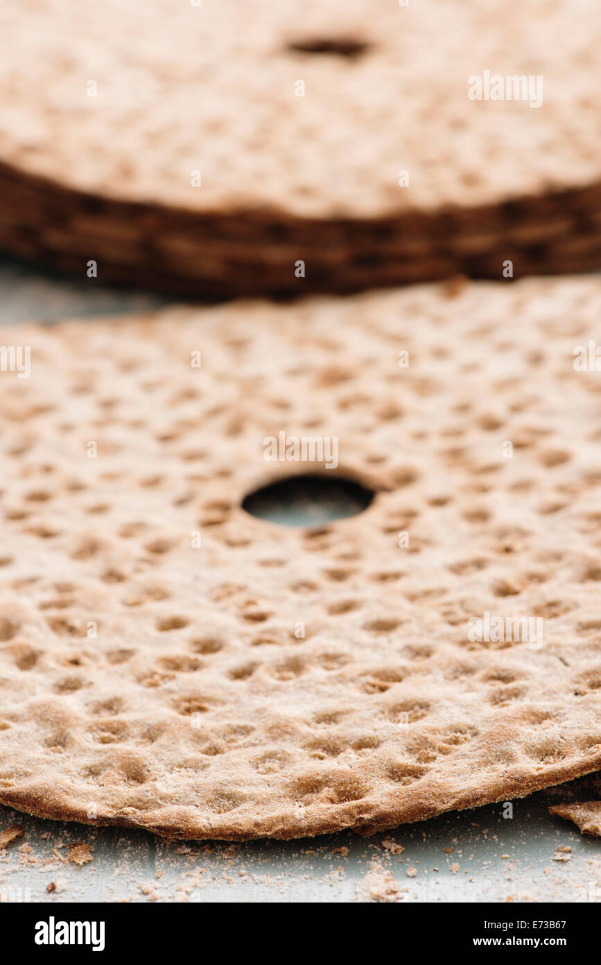 Closeup of swedish crispbread, flat rye bread. Stock Photo