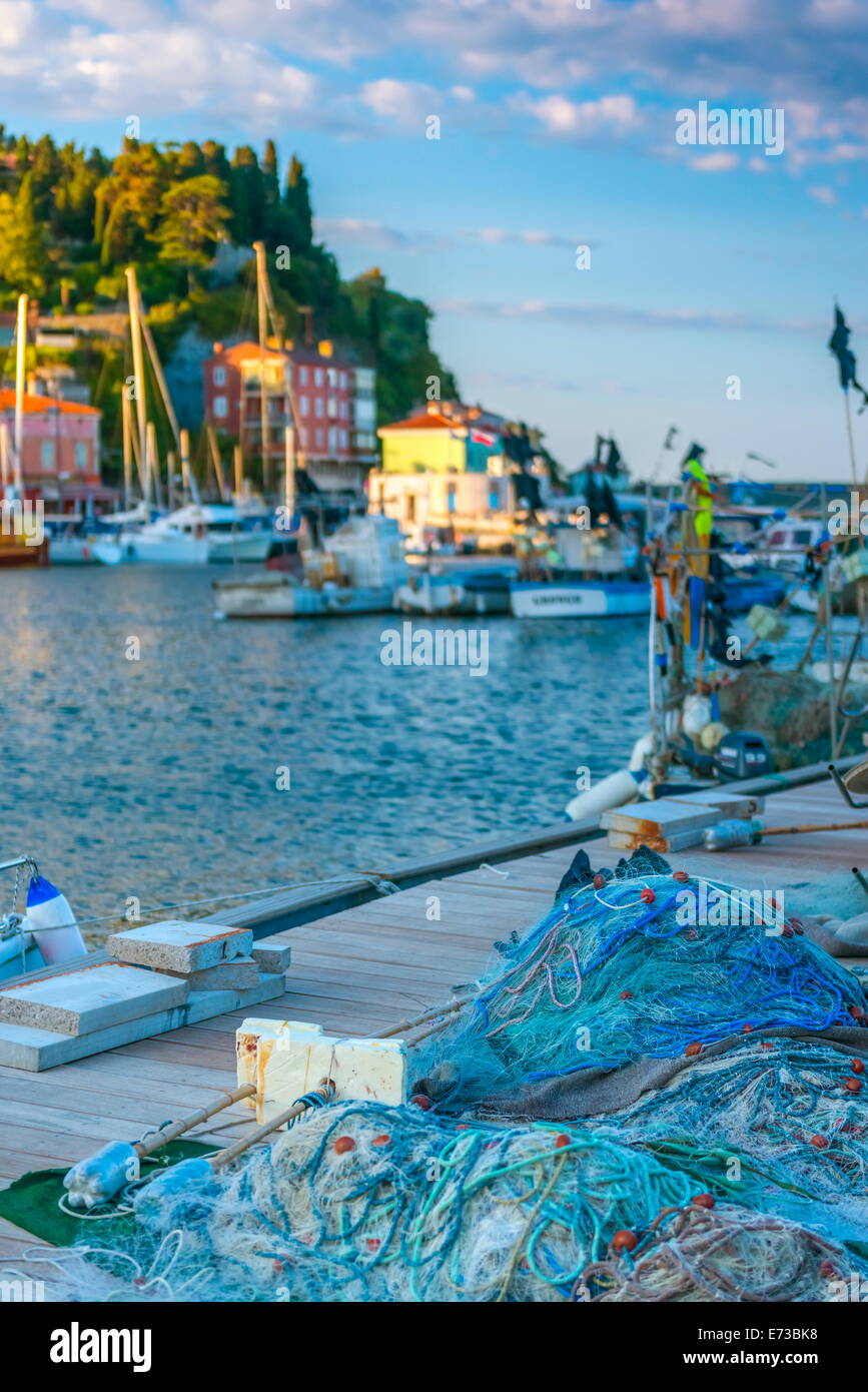 Fishing nets, Old Town Harbour, Piran, Primorska, Slovenian Istria, Slovenia, Europe Stock Photo