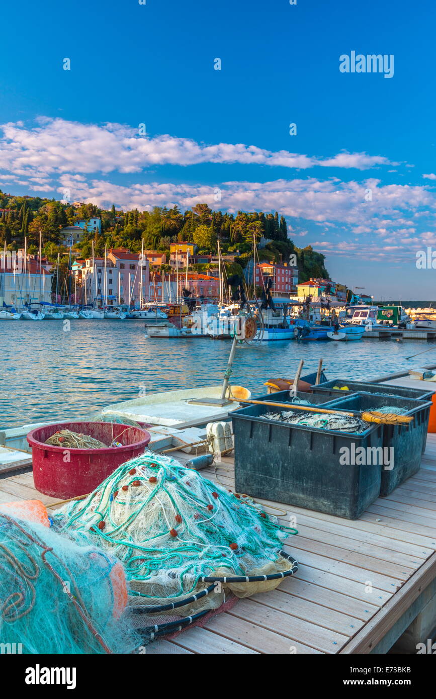Fishing nets, Old Town Harbour, Piran, Primorska, Slovenian Istria, Slovenia, Europe Stock Photo