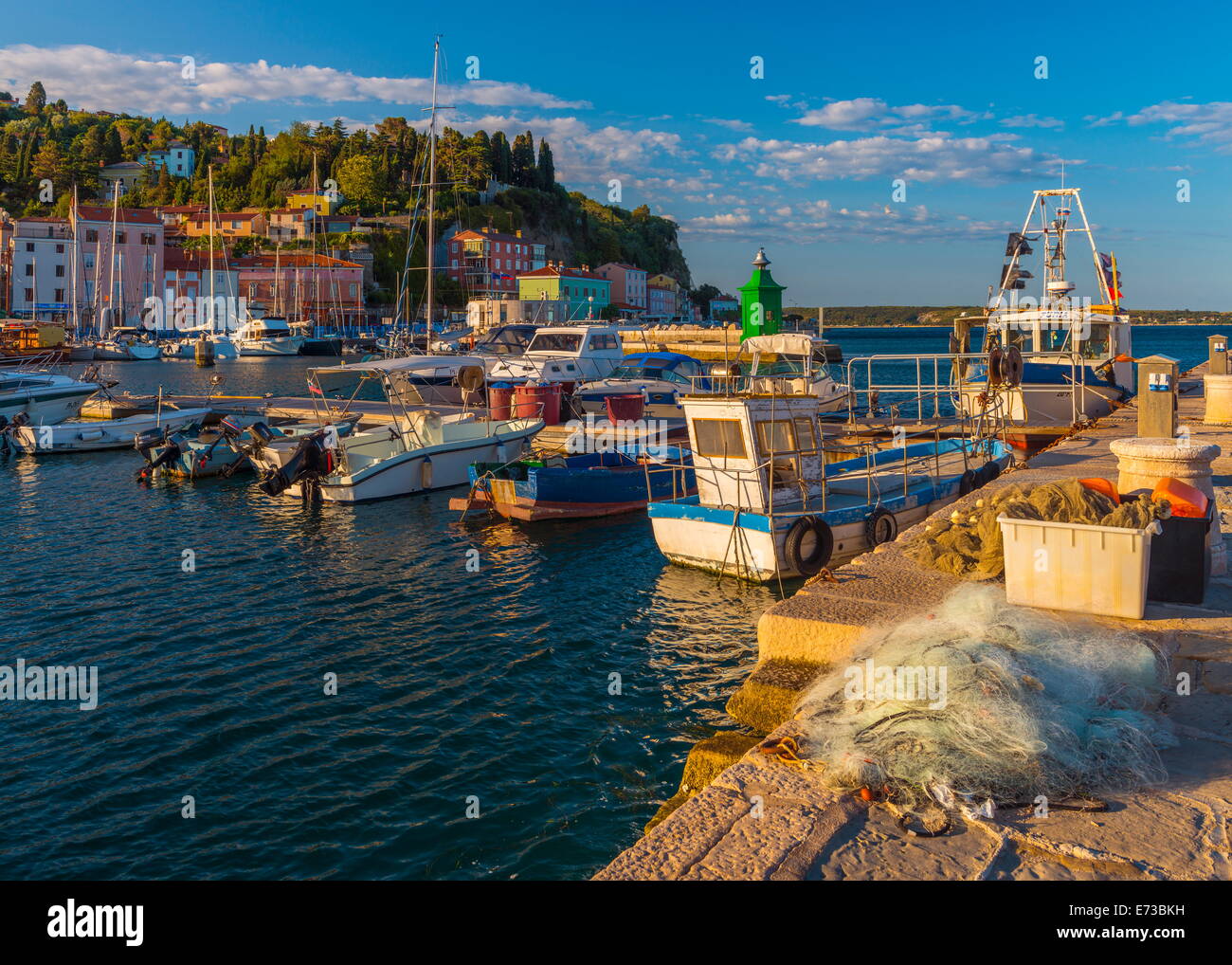 Fishing nets and fishing boats, Old Town Harbour, Piran, Primorska, Slovenian Istria, Slovenia, Europe Stock Photo