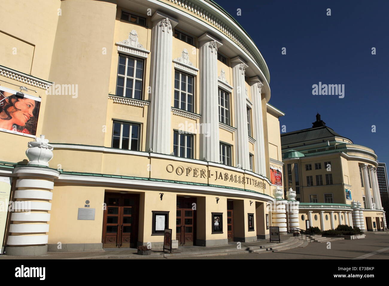 The facade of the Estonian National Opera house, opened in 1913 and rebuilt following Soviet destruction, in Tallinn, Estonia Stock Photo