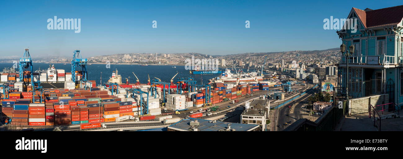 View of city and ports from Paseo 21 de Mayo, Cerro Playa Ancha, Valparaiso, Central Coast, Chile, South America Stock Photo
