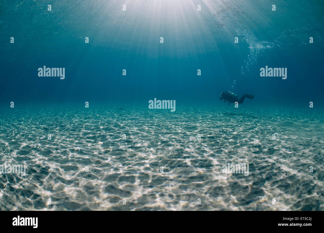Solitary scuba diver in shallow sandy bay, with sun beams, Naama Bay, Sharm El Sheikh, Red Sea, Egypt, North Africa, Africa Stock Photo