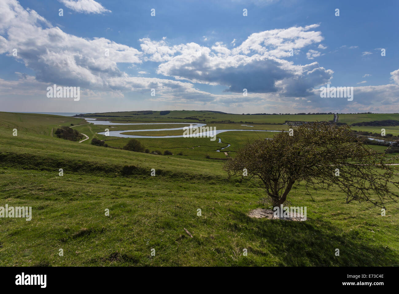 Cuckmere Haven landscape with the Cuckmere River in the background, Seaford, East Sussex, England, United Kingdom Stock Photo