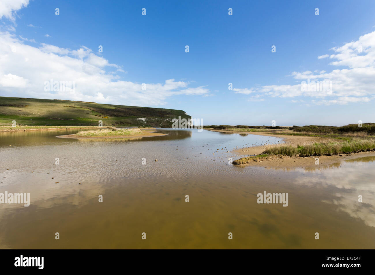 Tidal pools and the Seven Sisters Cliffs at Cuckmere Haven, Seaford, East Sussex, England, United Kingdom Stock Photo