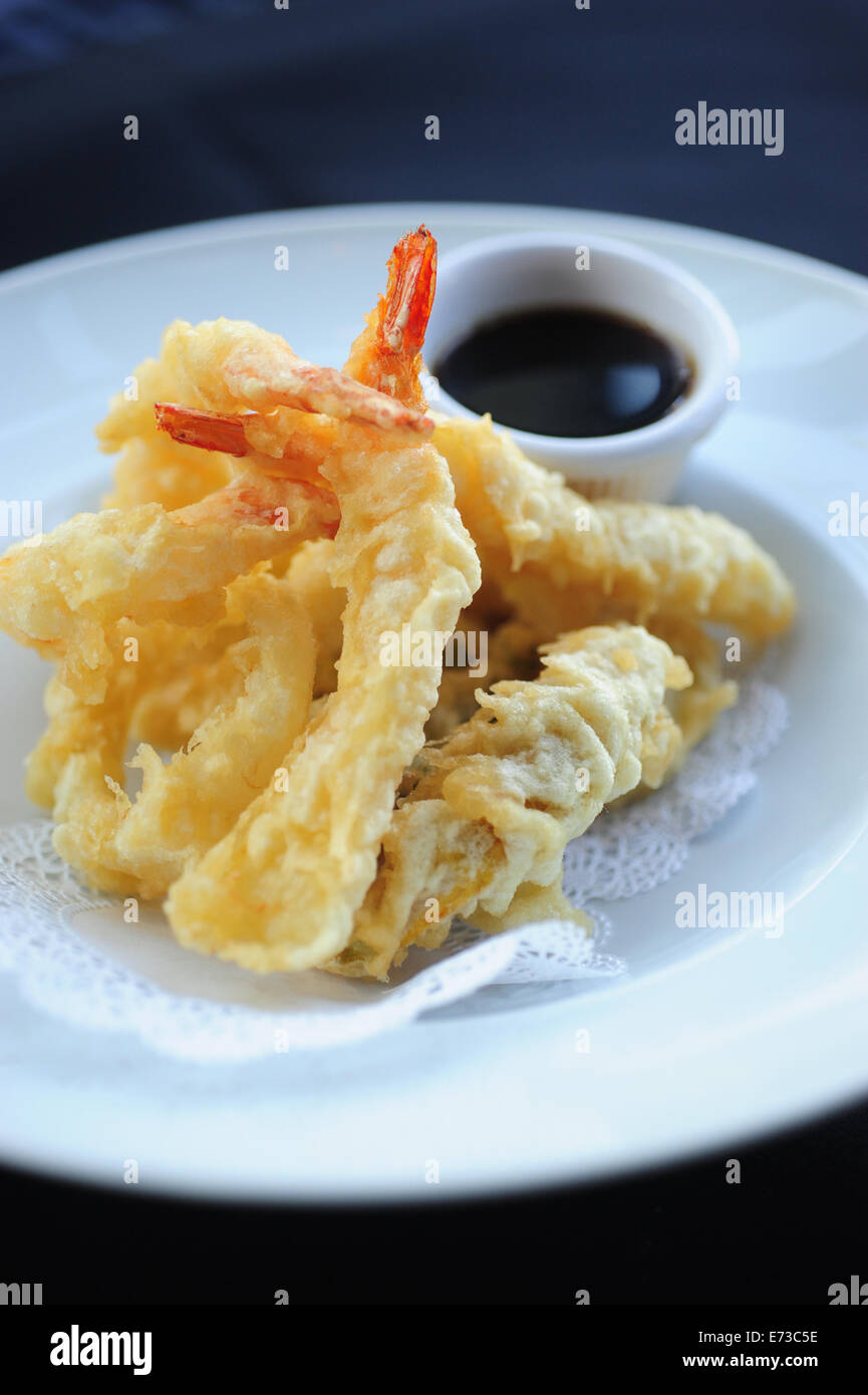 Food Asian Japanese rock shrimp and vegetable tempura with dipping