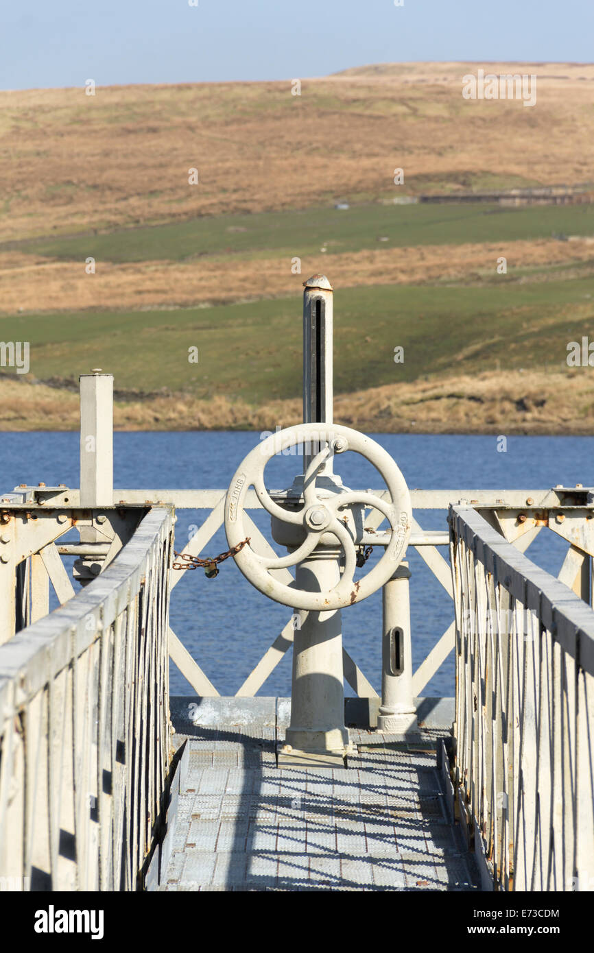 Outlet valve control wheel on the gantry bridge to the outlet tower at