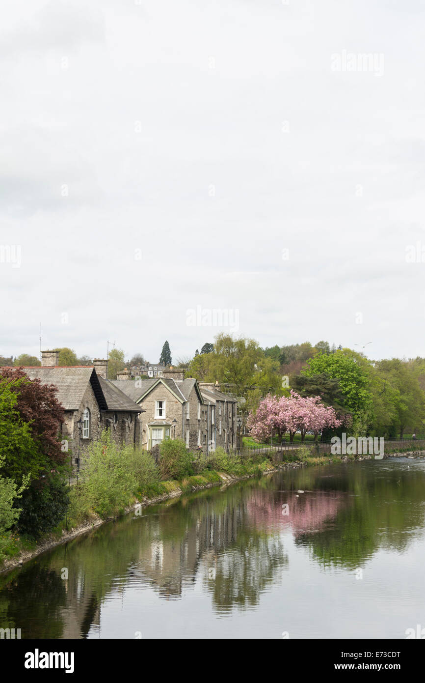 The river Kent in Kendal, Riverside walk, north of Victoria Bridge from Sandes Avenue on an overcast spring day. Stock Photo