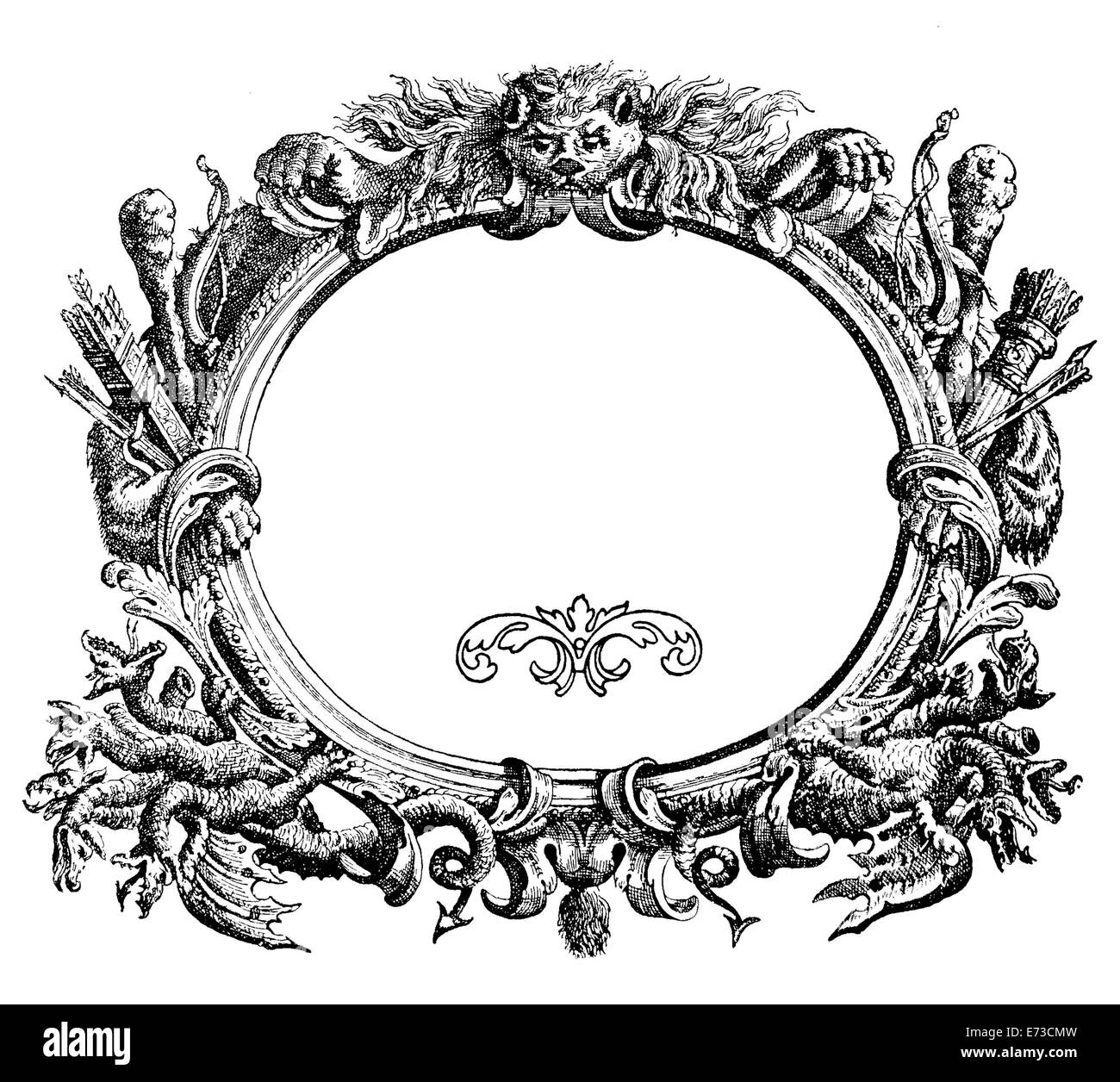 Renaissance ornamental frame with wild beast, arch, arrows and Hydra ...