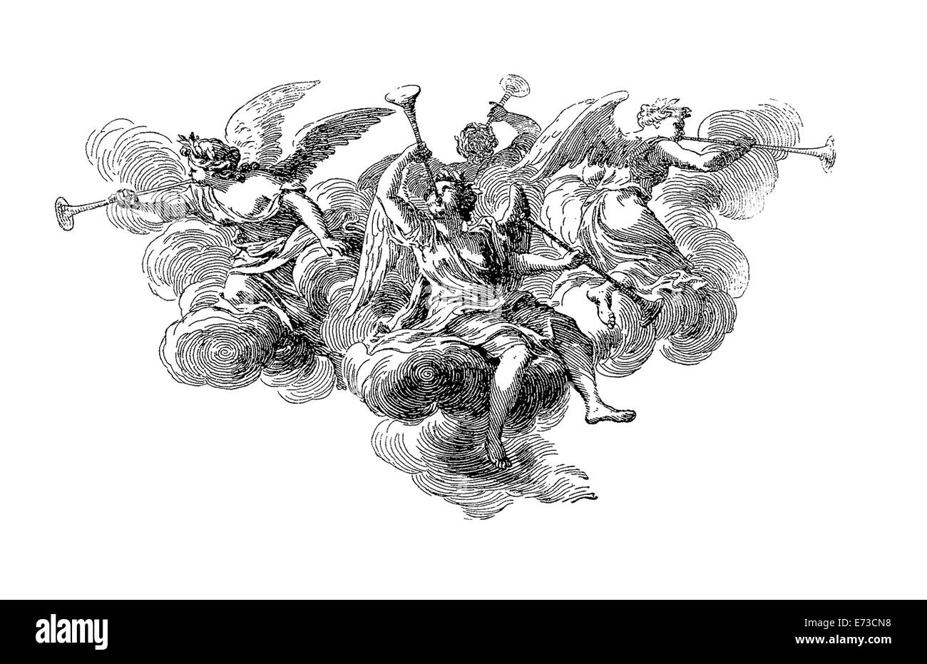 Angels playing trumpets on clouds Stock Photo