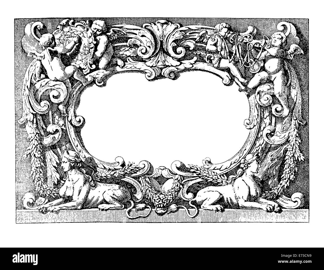 Renaissance ornamental frame with angels, emblems, sphinxes