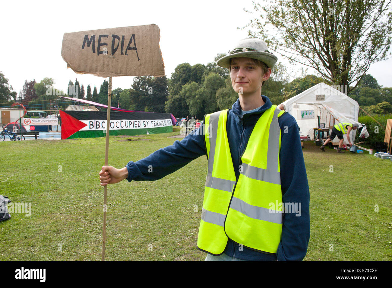 Newport, Gwent,  UK. 5th September 2014. Alasdair Ibbotson 19 President of CND Group at Stirling University, chaperones the media around the camp. Strict rules for photography are in place. Credit:  Graham M. Lawrence/Alamy Live News. Stock Photo