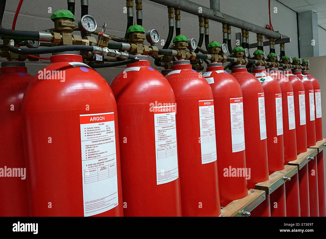 Giant Argon Fire Extinguishers in a rack in a computer server room