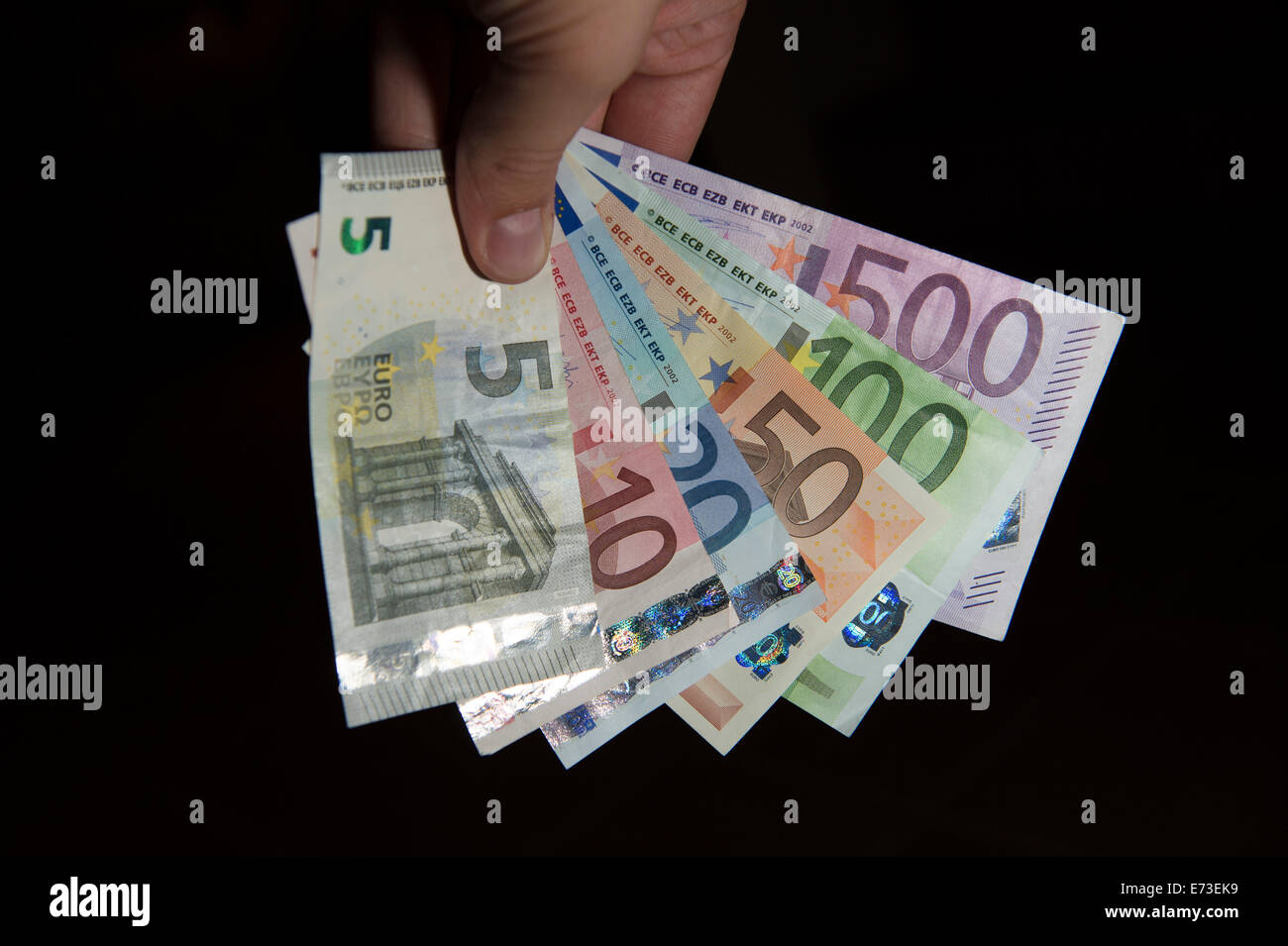 Many euro banknotes, 29 August 2014 in Hamburg. Stock Photo