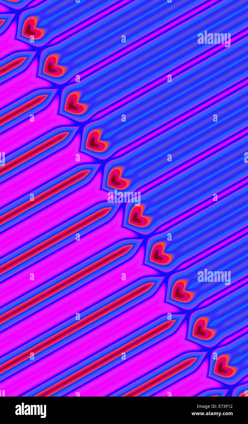 Diagonal line of hearts in blue and purple pattern Stock Photo