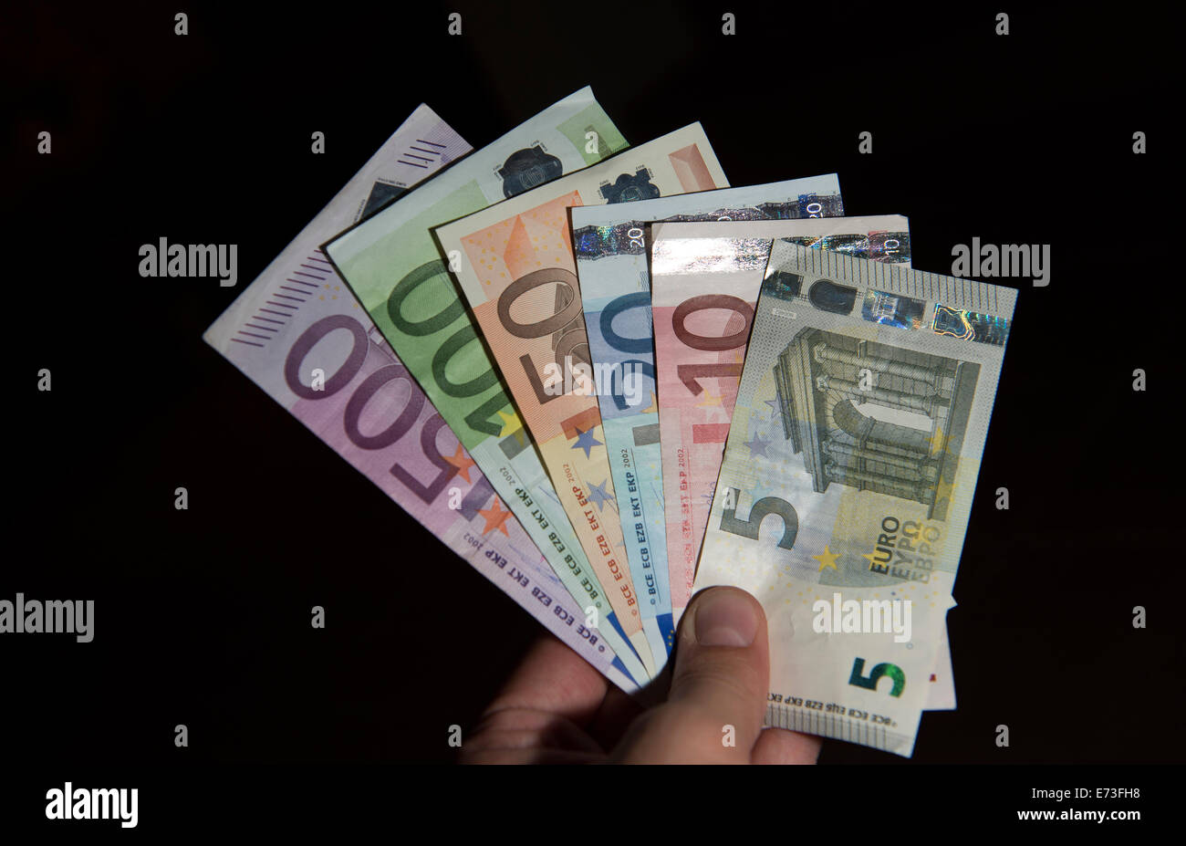 Many euro banknotes, 29 August 2014 in Hamburg. Stock Photo