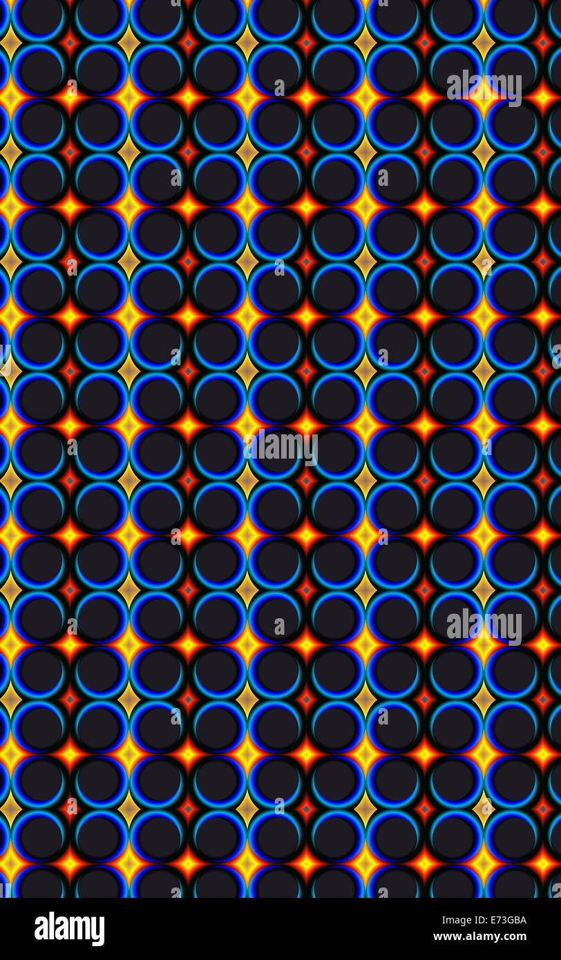 Red, Blue, and Gold Circular Pattern on Black Background Stock Photo