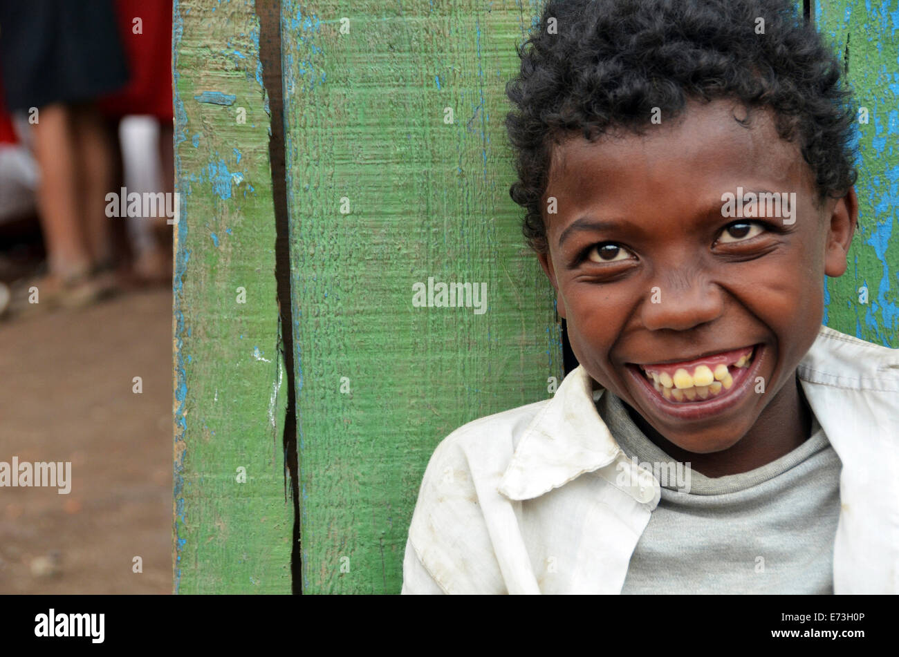 Madagascar, Antananarivo, portrait of smiling and mischievous boy. Stock Photo
