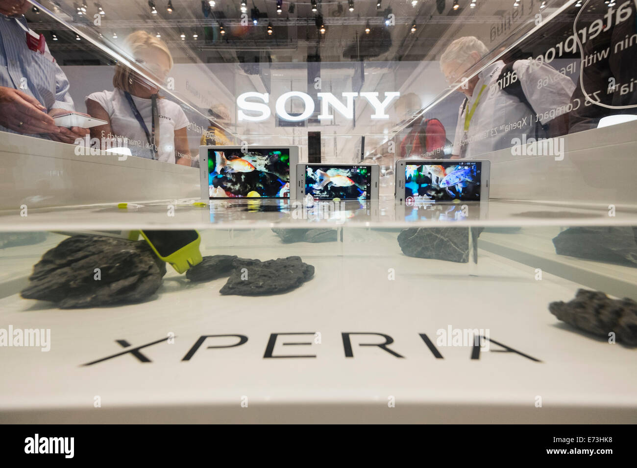 Berlin, Germany. 5th September, 2014. Water tank display of waterproof Sony Xperia tablets and watches at IFA 2014 consumer electronics show in Berlin Germany Credit:  Iain Masterton/Alamy Live News Stock Photo