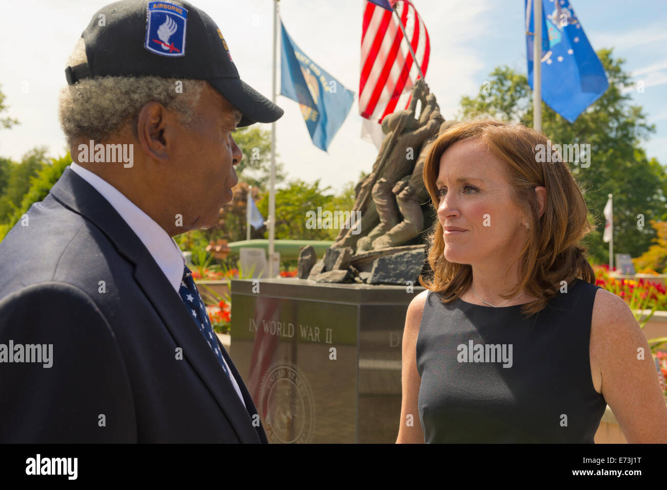 East Meadow, New York, USA. 3rd September, 2014.  KATHLEEN RICE, Democratic congressional candidate (NY-04), is speaking with one of the members of her campaign's new Veterans Advisory Committee, JEREMIAH E. BRYANT, of Rockville Centre, U.S. Army, Vietnam War Veteran. Rice announced formation of the committee and released a whitepaper on veterans policy, at Veterans Memorial at Eisenhower Park. Rice is in her third term as Nassau County District Attorney, Long Island. Credit:  Ann E Parry/Alamy Live News Stock Photo