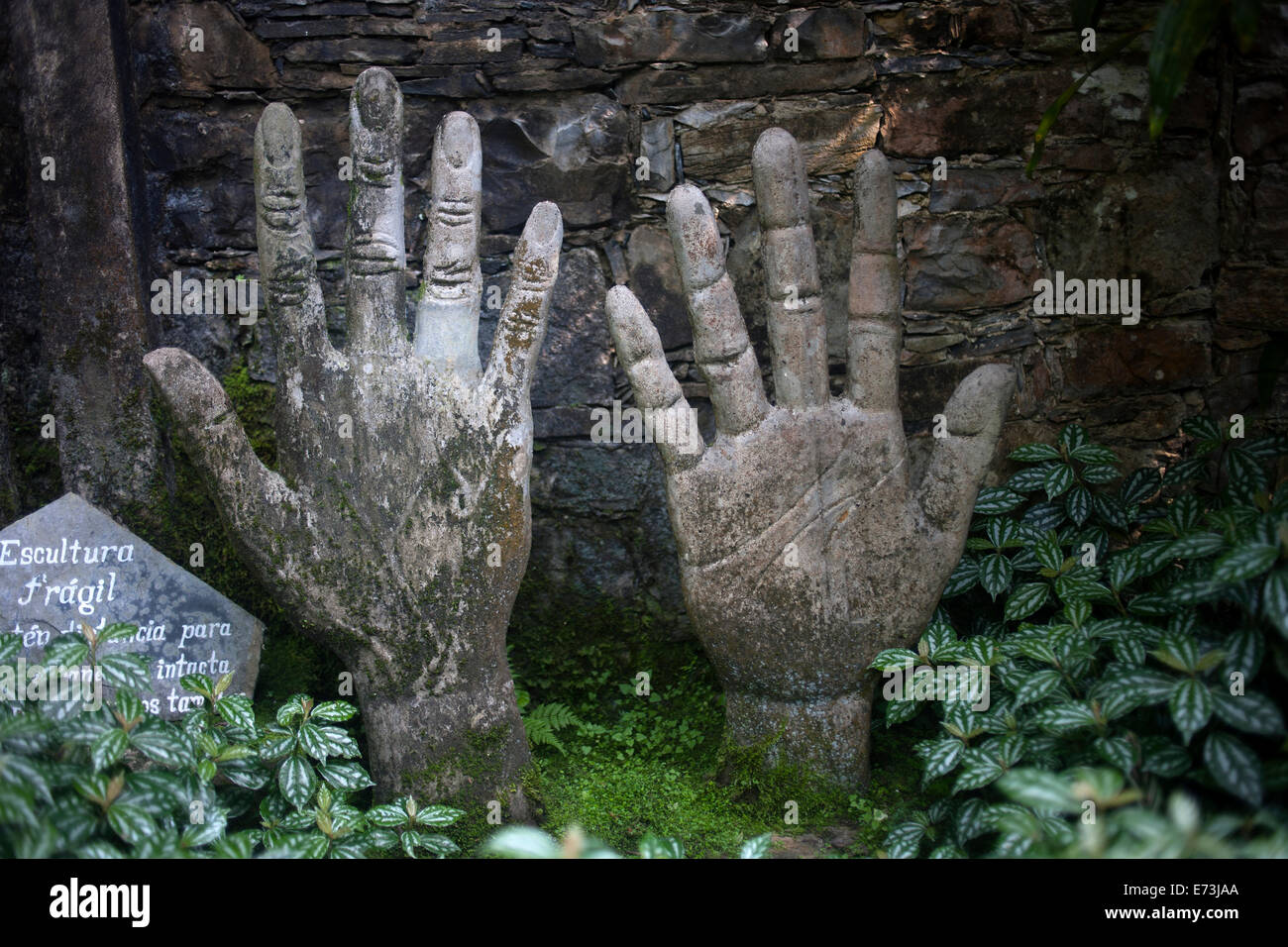 A sculpture of two hands decorate Las Pozas of Edward James in Xilitla, San Luis Potosi, Mexico, July 21, 2014. Stock Photo