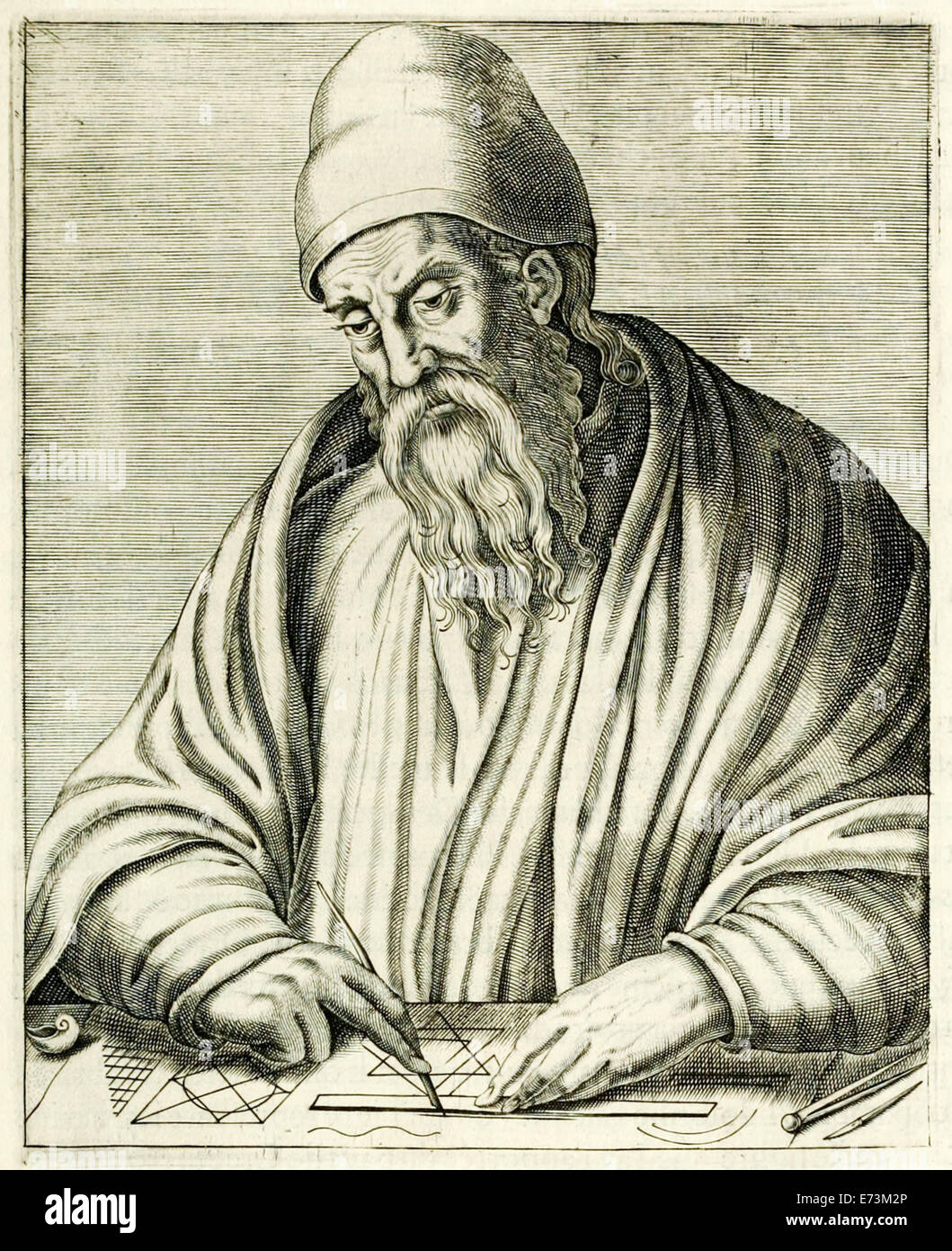 Euclid of Alexandria (450-350BC) Greek mathematician who wrote 'Elements' one of the most influential works in the history of mathematics. Engraving by Frère André Thévet (1516-1590) published in 1594. See description for more information. Stock Photo