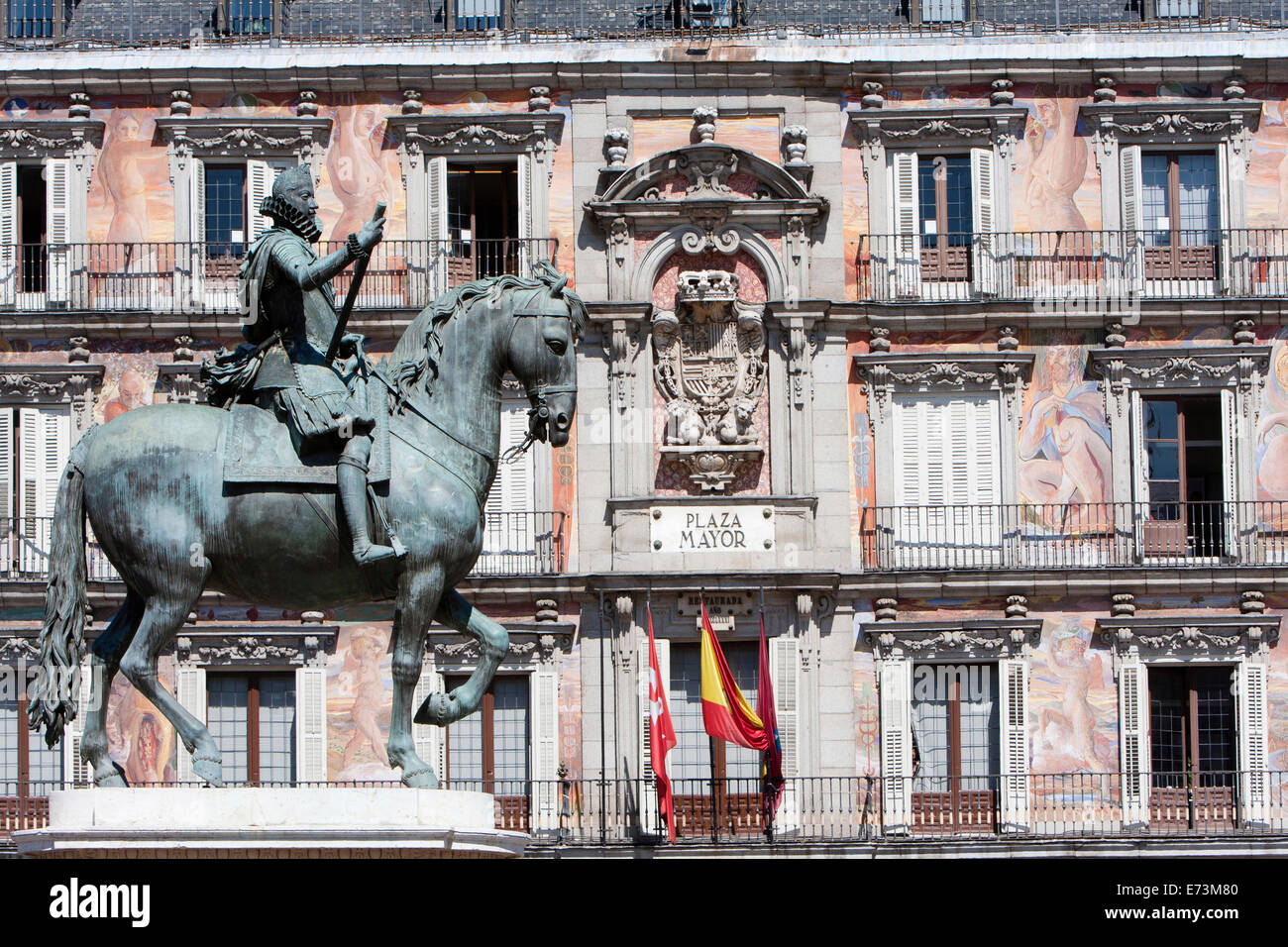 Spain, Madrid, Statue of King Philip III in the Plaza Mayor. Stock Photo