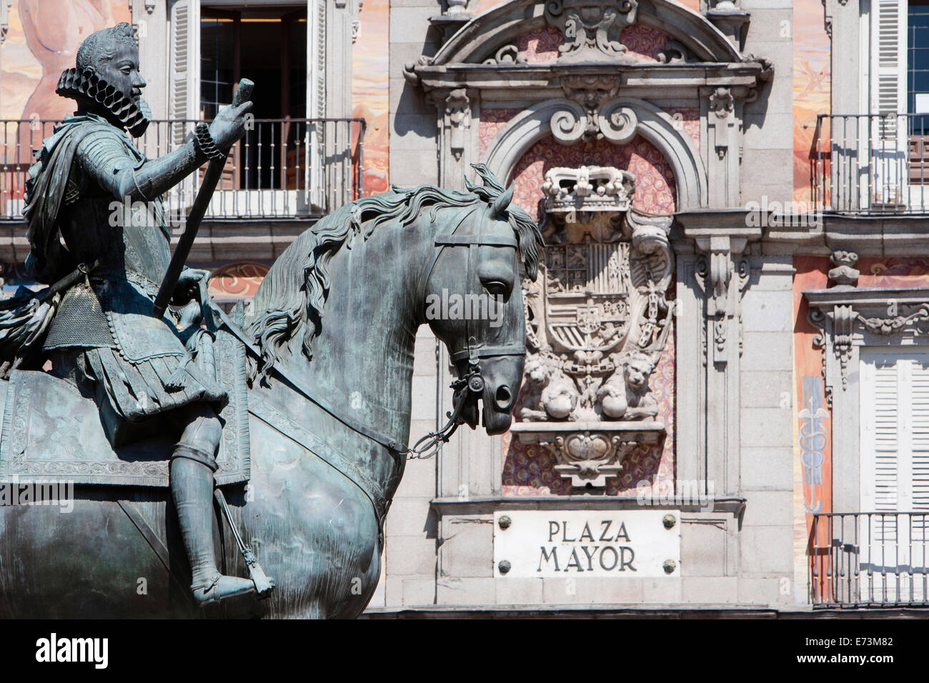 Spain, Madrid, Statue of King Philip III in the Plaza Mayor. Stock Photo