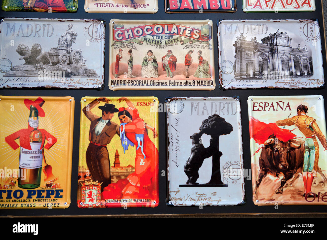 Spain, Madrid, Souvenir enamal plaques. Stock Photo