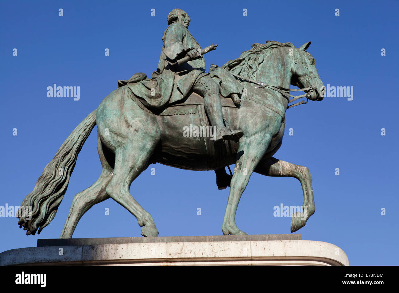 Spain, Madrid, Statue of King Carlos III on Puerta del Sol. Stock Photo