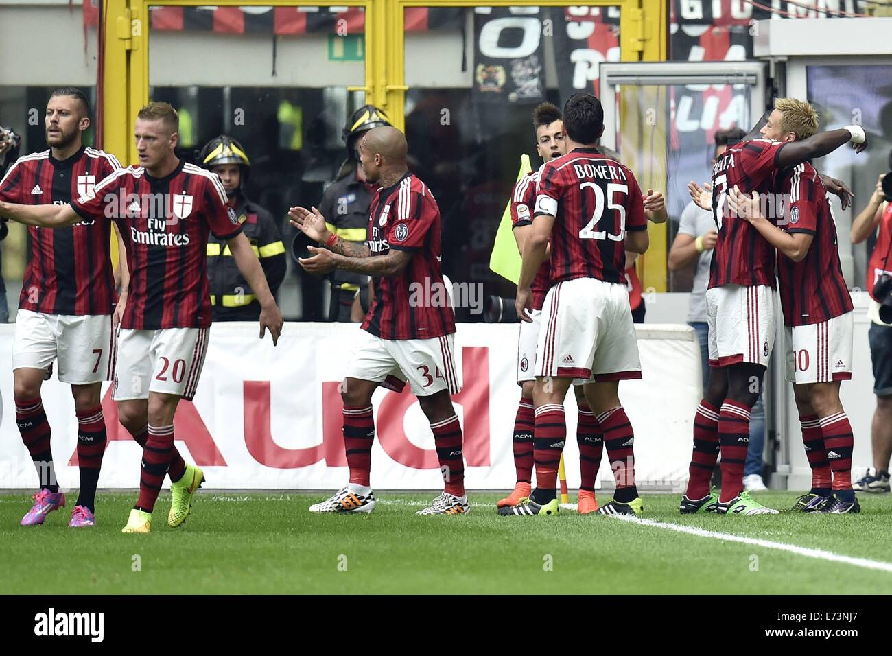 Milan, Italy. 31st Aug, 2014. Serie A football. AC Milan versus Lazio. Goal celebrations from Keisuke Honda Milan . © Action Plus Sports/Alamy Live News Stock Photo