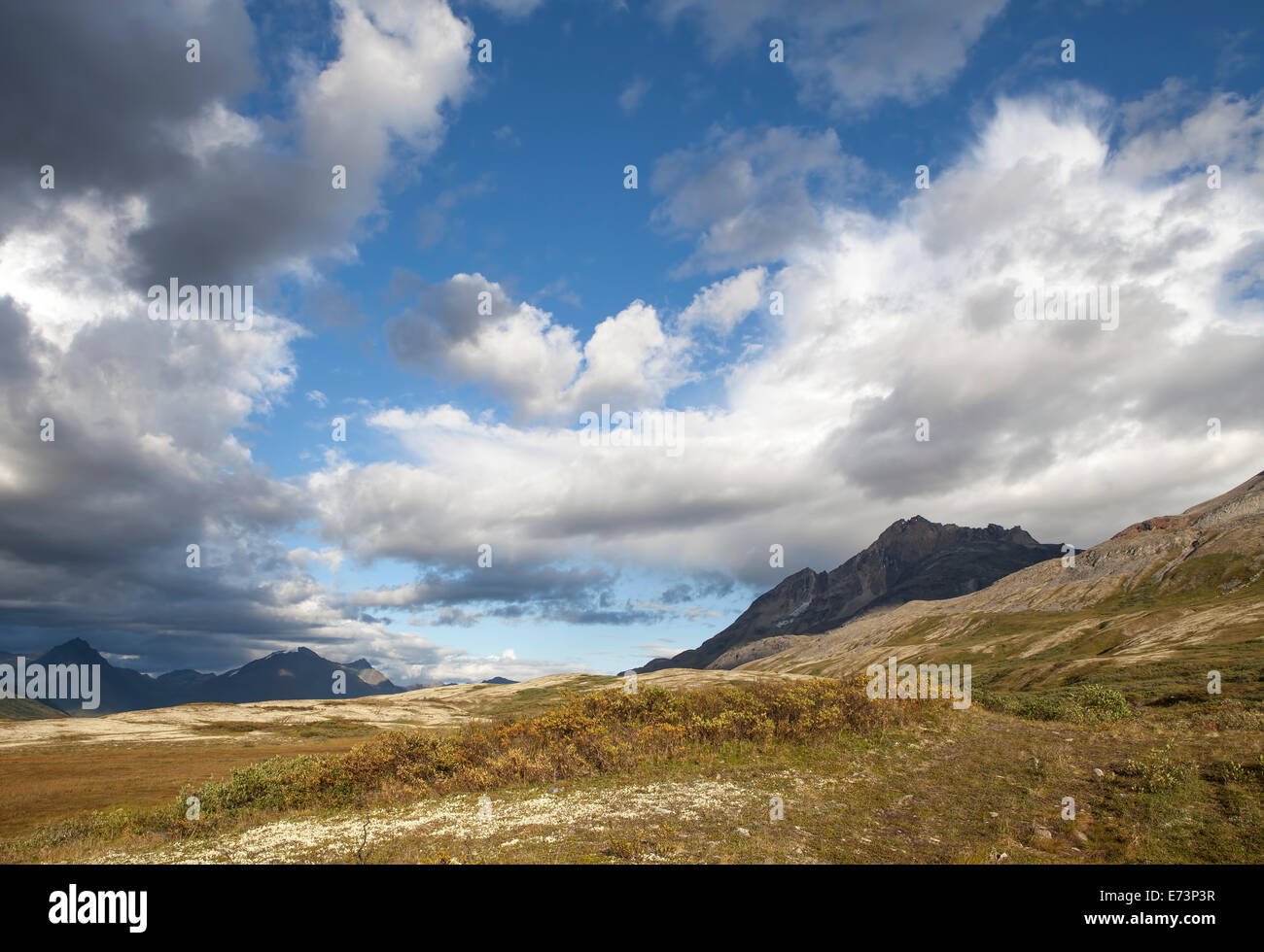 Mountain view in Yukon Territories in summer with building storm clouds. Stock Photo