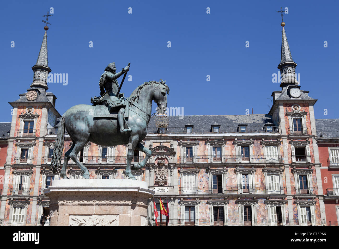 Spain, Madrid, Statue of King Philip III on horseback Plaza Mayor. Stock Photo