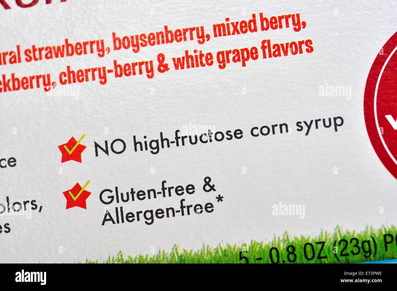 Gluten free and no high fructose corn syrup label on food package Stock Photo