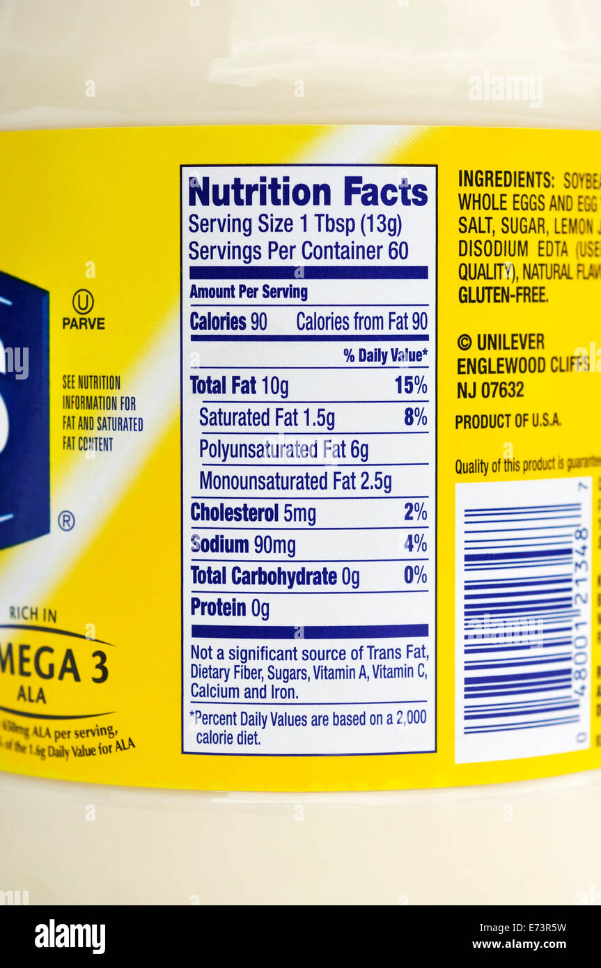 Hellman's mayonnaise nutrition facts Stock Photo: 73228117 ...