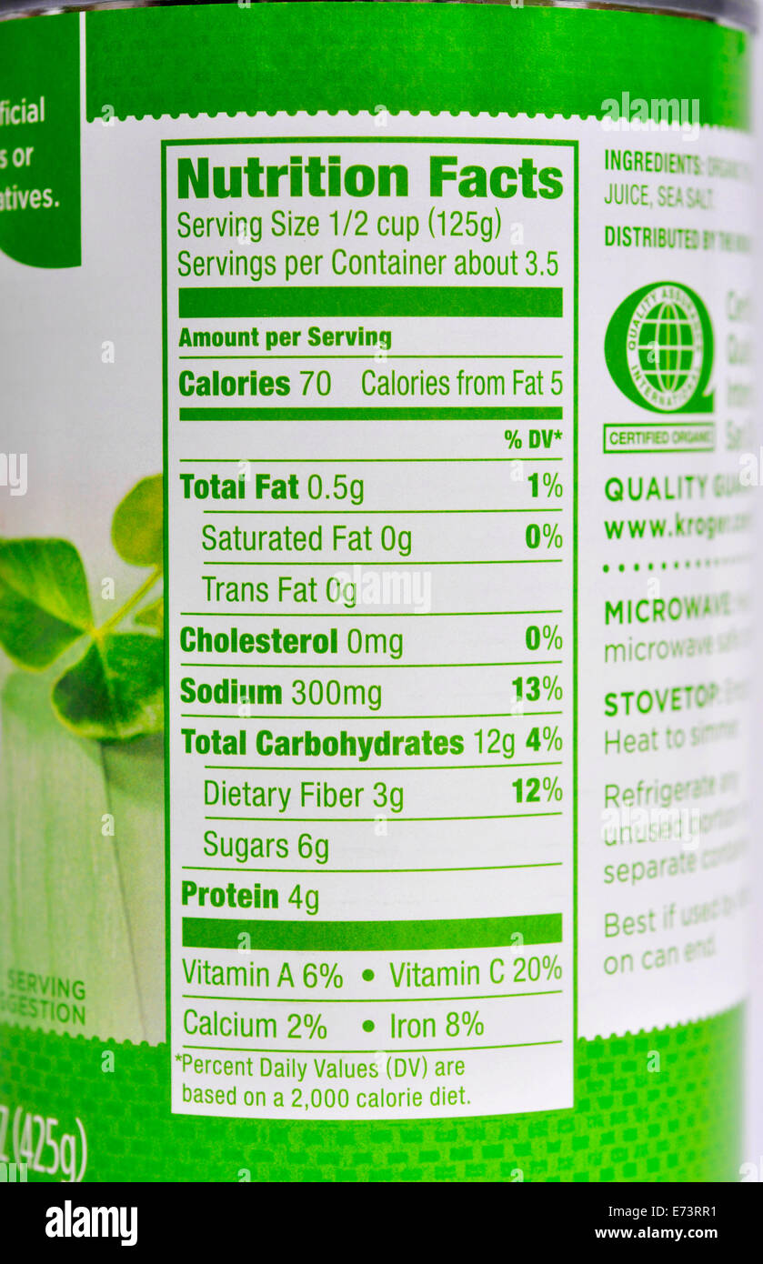 Nutrition Facts On Canned Green Peas Stock Photo Alamy