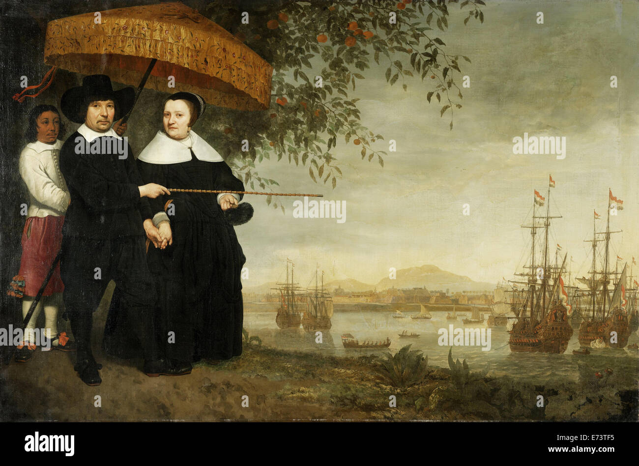 A senior merchant, presumably Mathieusen Jacob and his wife. In the background the fleet in Batavia - by Aelbert Cuyp, 1640-1660 Stock Photo