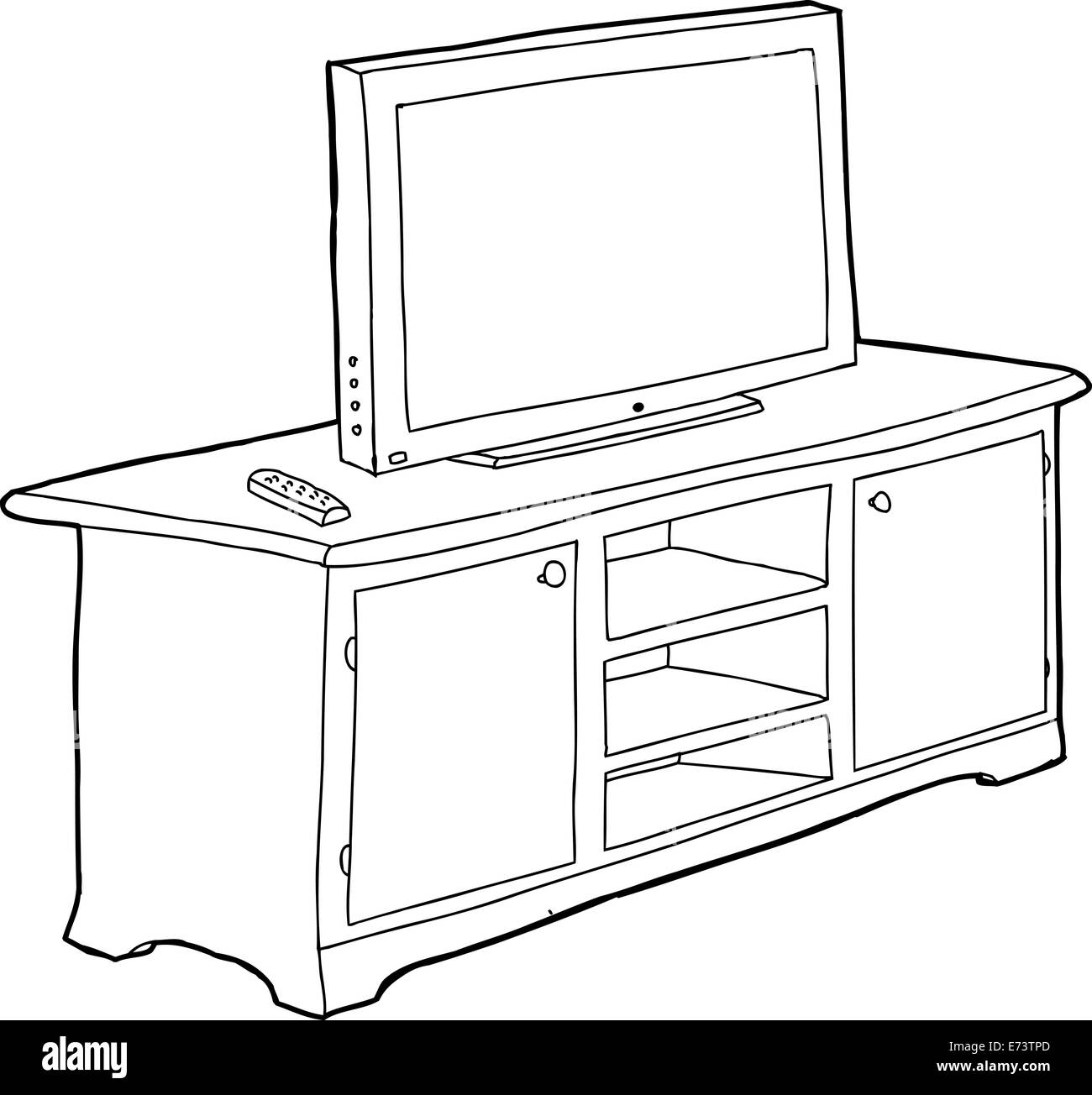 Black outline cartoon television set on cabinet Stock Photo