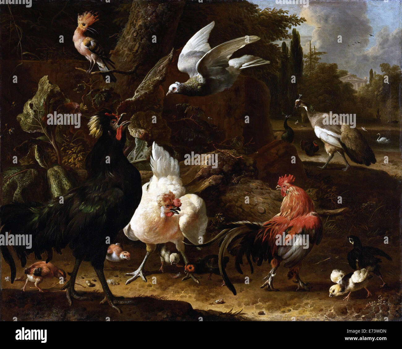 Birds in a park - by Melchior d' Hondecoeter, 1686 Stock Photo